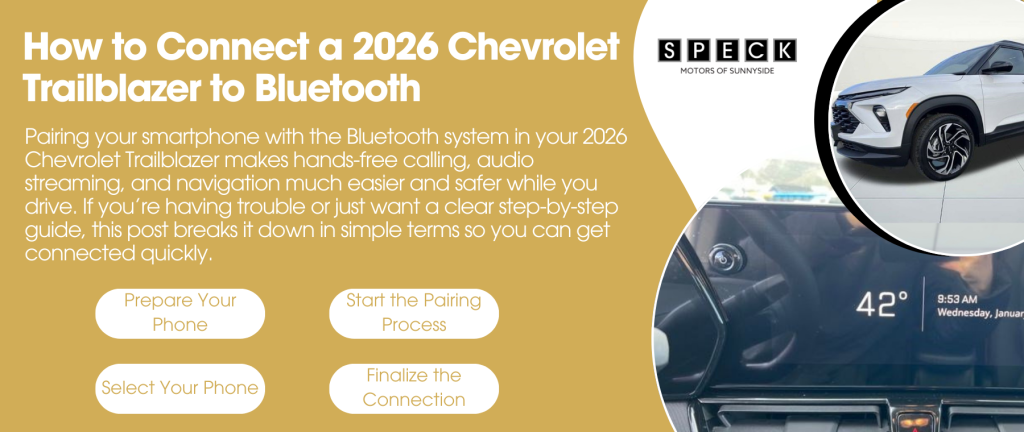Informative graphic showing how to connect a 2026 Chevrolet Trailblazer to Bluetooth