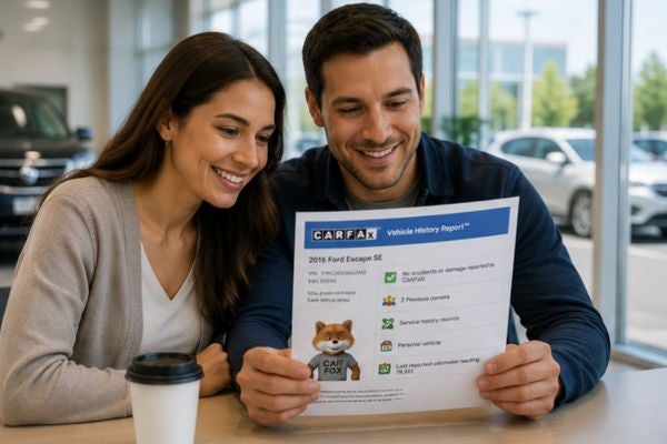 couple looking at carfax vehicle history report