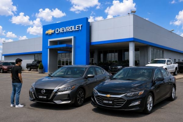 couple shopping used sedans